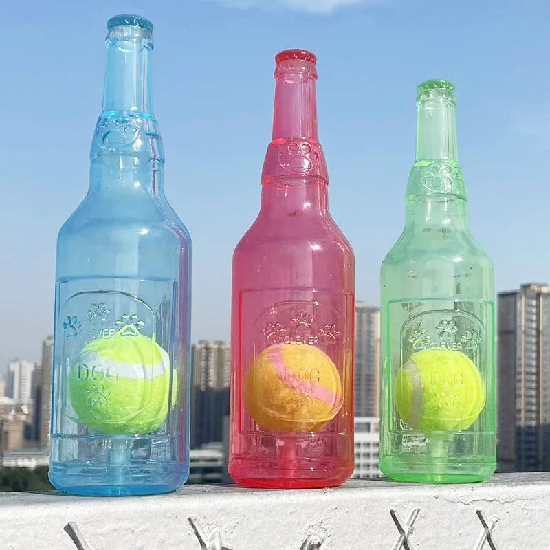 Interactive Dog Chew Toy - Bite-Resistant Beer Bottle with Squeaky Tennis Ball for Fun Playtime