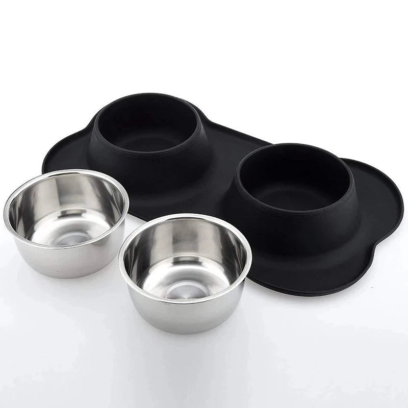 Elevate Your Pet's Mealtime with Our Antislip Double Dog Bowl Set - Durable Stainless Steel Water and Food Feeders with Silicone Mat!