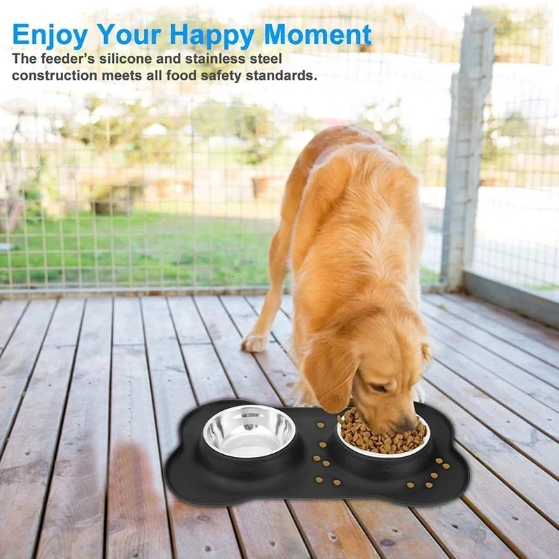 Elevate Your Pet's Mealtime with Our Antislip Double Dog Bowl Set - Durable Stainless Steel Water and Food Feeders with Silicone Mat!