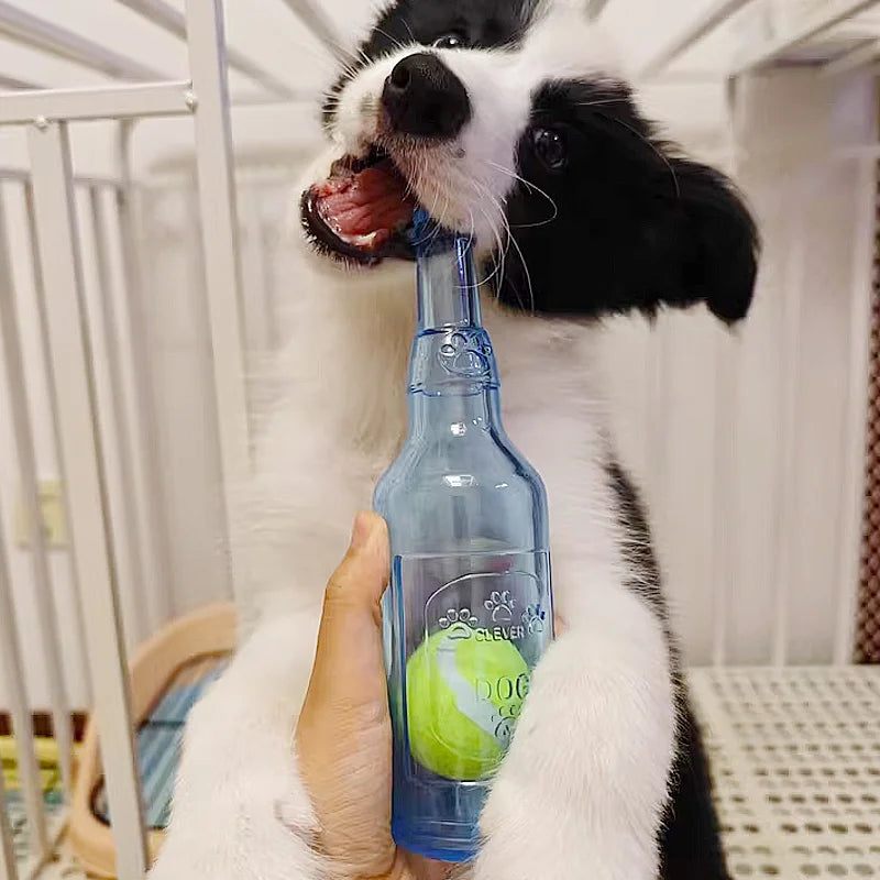 Interactive Dog Chew Toy - Bite-Resistant Beer Bottle with Squeaky Tennis Ball for Fun Playtime