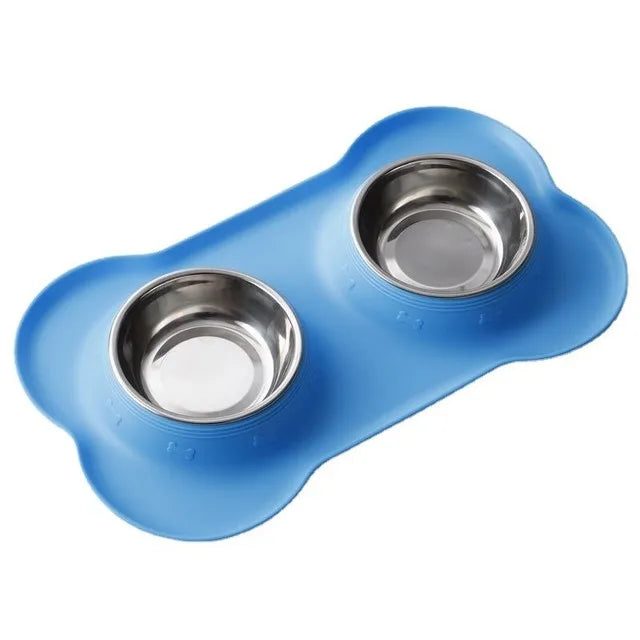 Elevate Your Pet's Mealtime with Our Antislip Double Dog Bowl Set - Durable Stainless Steel Water and Food Feeders with Silicone Mat!