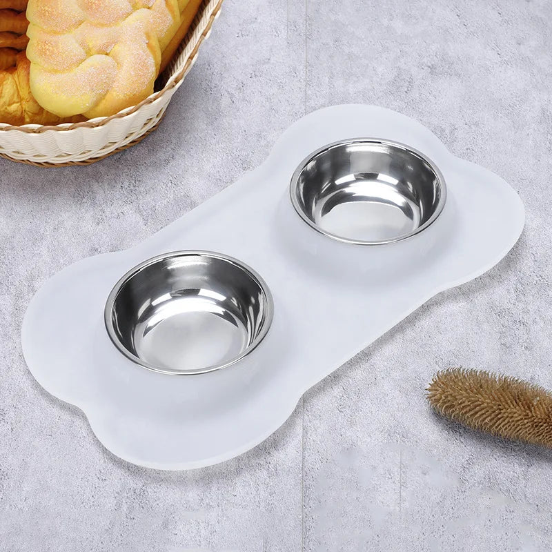 Elevate Your Pet's Mealtime with Our Antislip Double Dog Bowl Set - Durable Stainless Steel Water and Food Feeders with Silicone Mat!