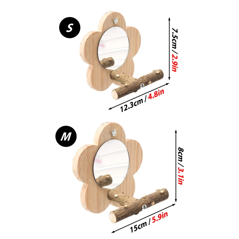 Natural Wood Bird Perch with Mirror - Perfect Stand for Parrots and Small Birds