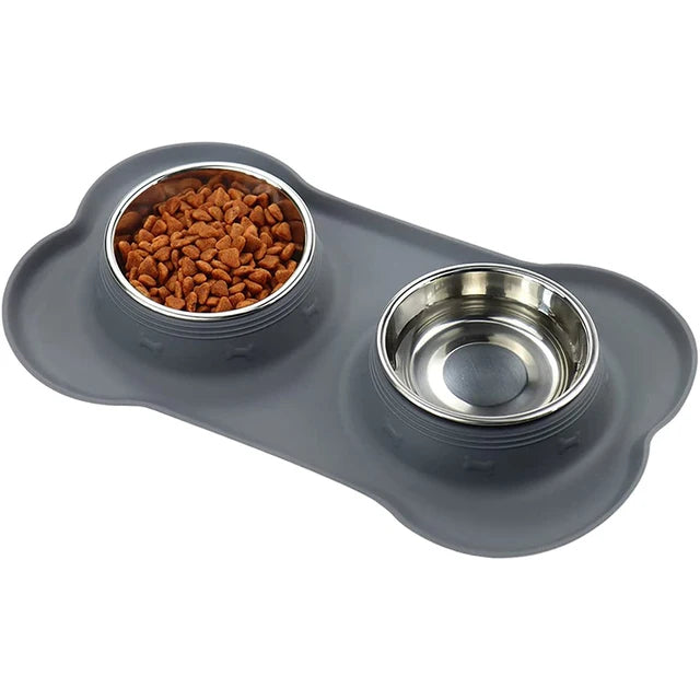 Elevate Your Pet's Mealtime with Our Antislip Double Dog Bowl Set - Durable Stainless Steel Water and Food Feeders with Silicone Mat!