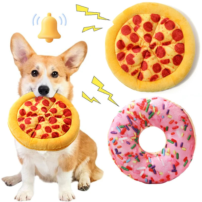 Delight Your Pup with Our Plush Doughnut Pizza Squeaky Toy – Perfect for Chewing and Teeth Cleaning!