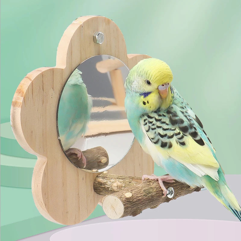 Natural Wood Bird Perch with Mirror - Perfect Stand for Parrots and Small Birds