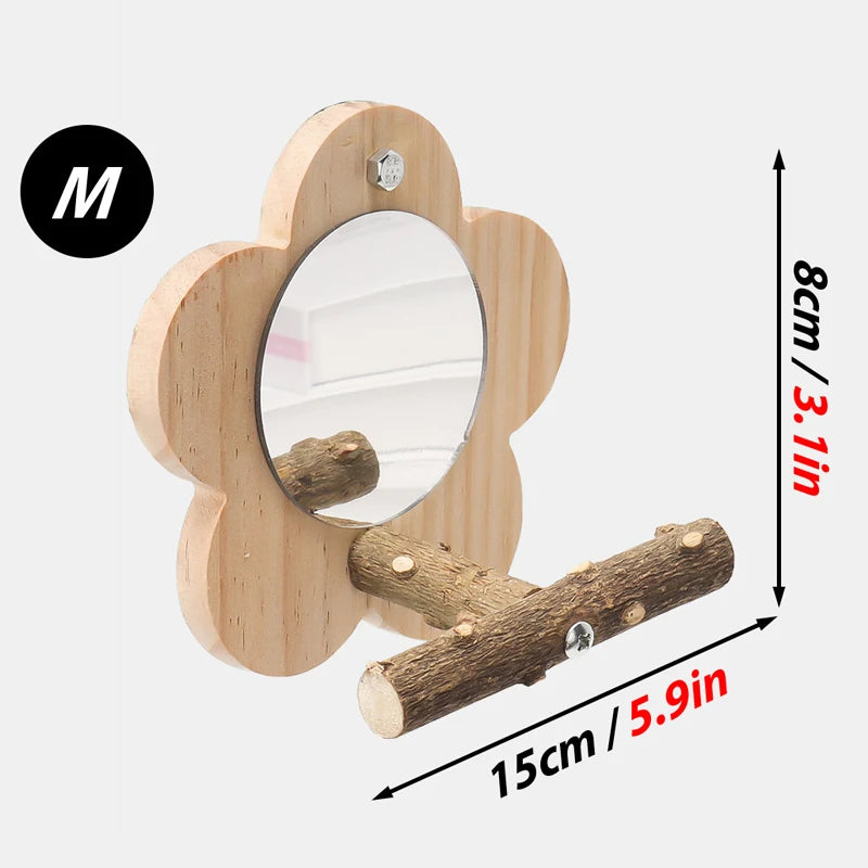Natural Wood Bird Perch with Mirror - Perfect Stand for Parrots and Small Birds