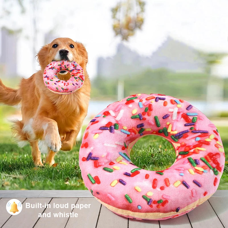 Delight Your Pup with Our Plush Doughnut Pizza Squeaky Toy – Perfect for Chewing and Teeth Cleaning!