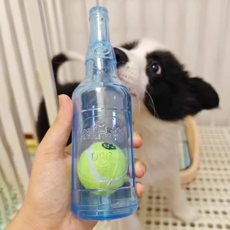 Interactive Dog Chew Toy - Bite-Resistant Beer Bottle with Squeaky Tennis Ball for Fun Playtime