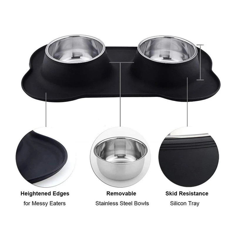 Elevate Your Pet's Mealtime with Our Antislip Double Dog Bowl Set - Durable Stainless Steel Water and Food Feeders with Silicone Mat!