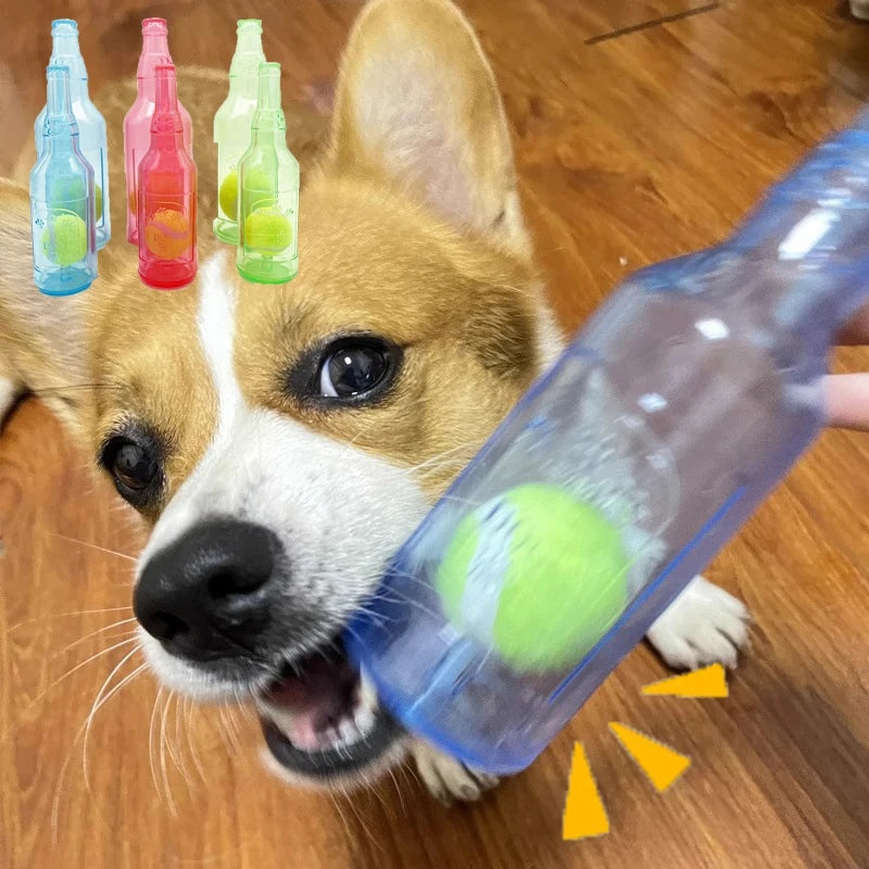 Interactive Dog Chew Toy - Bite-Resistant Beer Bottle with Squeaky Tennis Ball for Fun Playtime