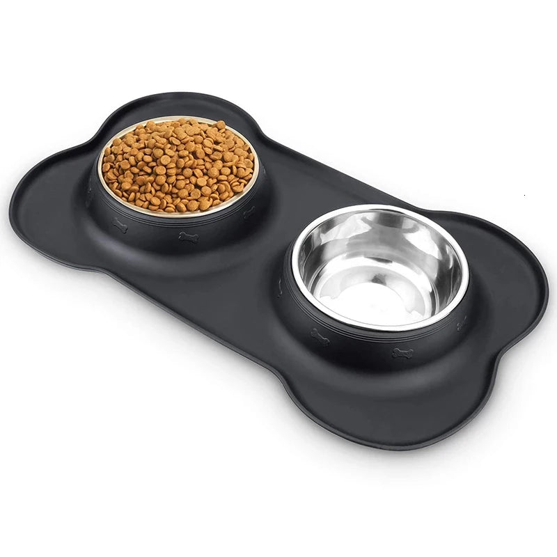 Elevate Your Pet's Mealtime with Our Antislip Double Dog Bowl Set - Durable Stainless Steel Water and Food Feeders with Silicone Mat!