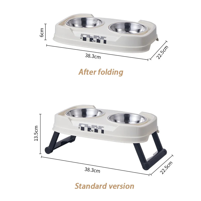 Pet Folding Elevated Bowl, Dog anti Rollover Adjustable Stainless Steel Food Bowl, Pet Detachable and Washable Double Bowl