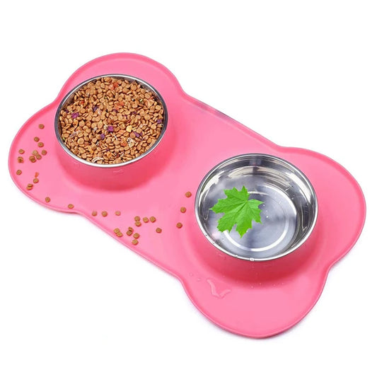 Elevate Your Pet's Mealtime with Our Antislip Double Dog Bowl Set - Durable Stainless Steel Water and Food Feeders with Silicone Mat!